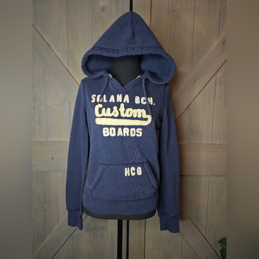 Hollister Navy Blue Hoodie Sweater with Cream Lettering